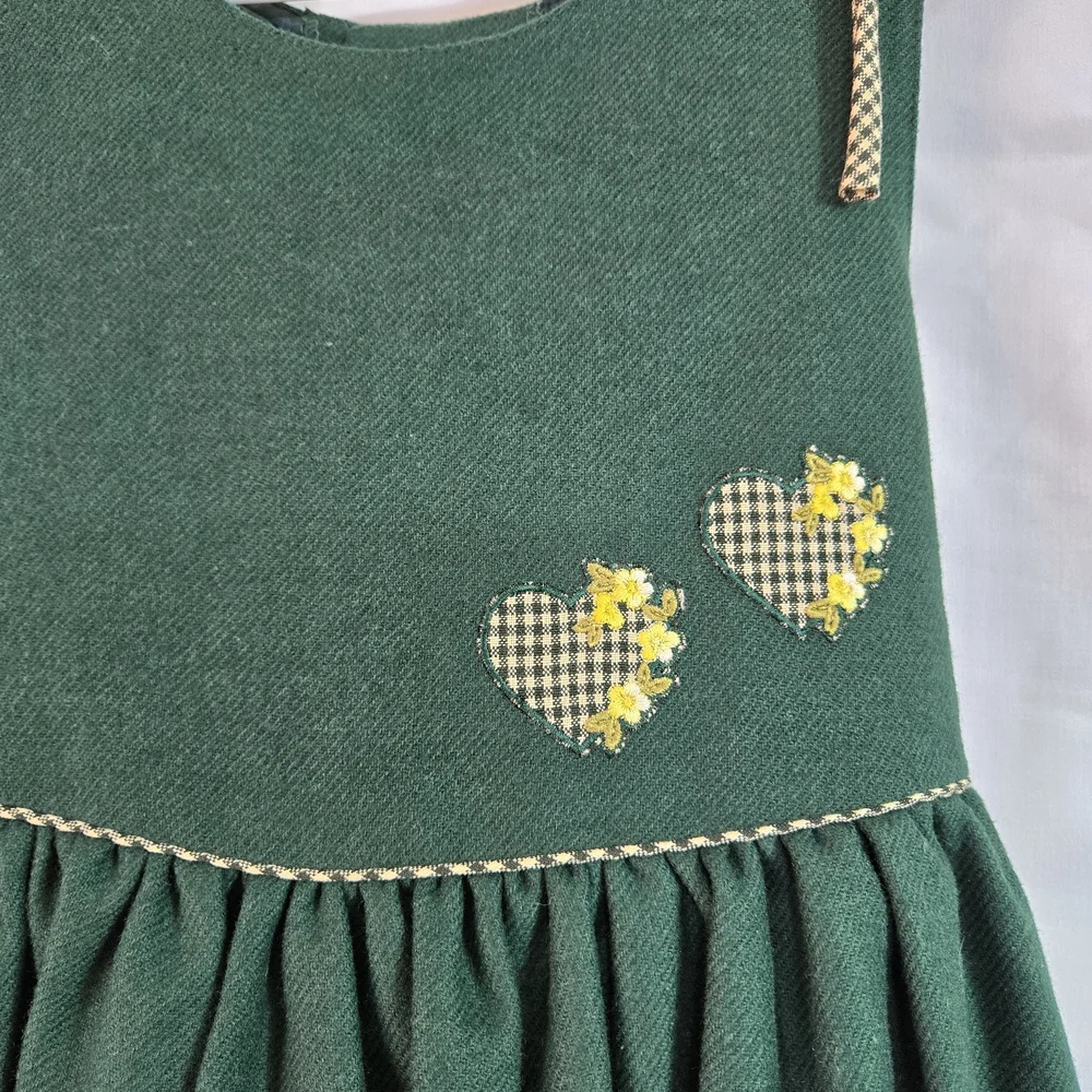 Pamela Chicas Girls Green Sleeveless Heart Gingham Accent Wool Dress 5 Vtg Spain